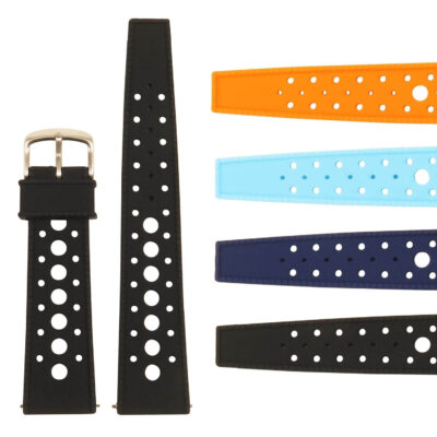 Retro Rubber Rally Strap for MoonSwatch featuring a stylish design with perforations. Available in multiple colors, perfect for enhancing your watch accessories collection