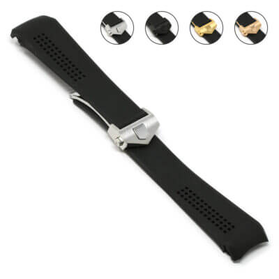 Rubber band for TAG Heuer Carrera, available in sizes 20mm and 22mm. Features a sleek design with a secure buckle in silver, gold, and black options. Perfect for a sporty look