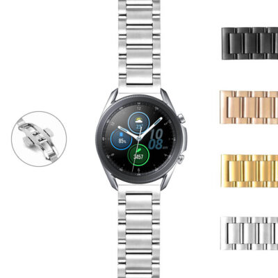 Everyday Bracelet for Samsung Galaxy Watch 3 in 20mm and 22mm sizes. Stylish metal design available in silver, black, gold, and rose gold. Perfect for daily wear and versatility