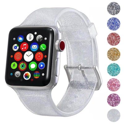 Glitz Strap for Apple Watch in clear glitter design. Available in sizes 38mm, 40mm, 41mm, 42mm, 44mm, and 45mm. Perfect for adding sparkle to your smartwatch!