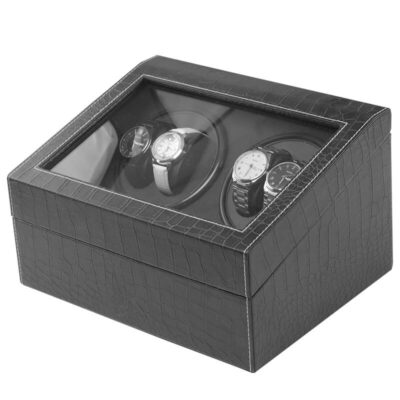 Alligator Leatherette Watch Winder for 4 Watches, featuring a sleek design with a glass top, perfect for displaying and maintaining your timepieces in style