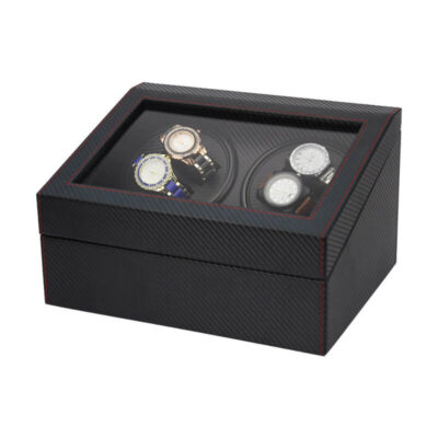 Carbon Fiber Watch Winder for 4 Watches featuring a sleek design with a transparent top, showcasing your timepieces while keeping them wound and ready to wear. Perfect for watch enthusiasts