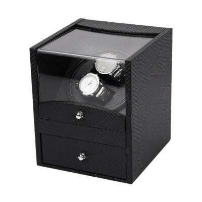 Carbon Fiber Watch Winder with Drawer for 2 Watches. Stylish storage solution featuring a sleek design and protective glass top, perfect for maintaining your luxury timepieces