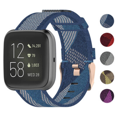 Woven Nylon Band for Fitbit Versa & Versa 2, featuring a stylish design in blue and multiple color options. Durable and comfortable, perfect for fitness enthusiasts