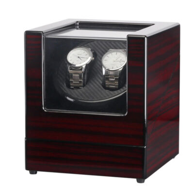 Elegant mahogany and carbon fiber watch winder designed to hold two watches, featuring a sleek glass window and polished finish for stylish storage and display