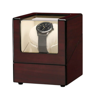 Mahogany Watch Winder showcasing a sleek design with a glass top. Perfect for keeping your automatic watches wound and displayed elegantly. Ideal accessory for watch enthusiasts