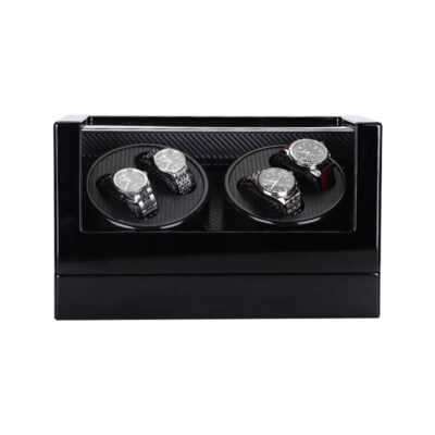 Piano Black & Carbon Fiber Watch Winder for 4 Watches, elegantly designed to keep your timepieces wound and displayed. Perfect for watch enthusiasts and collectors