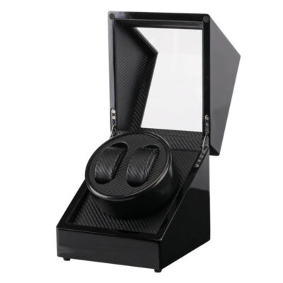 Elegant Piano Black Watch Winder designed for 2 watches, featuring a sleek carbon fiber interior and a glass top for easy viewing. Perfect for keeping your timepieces wound and displayed