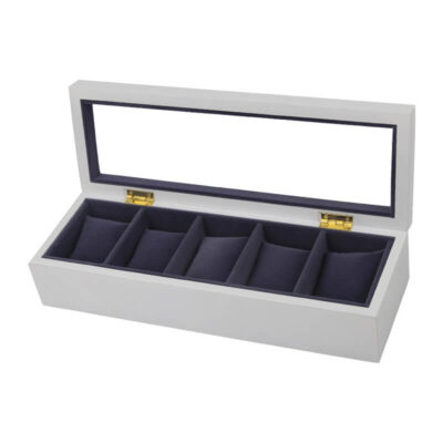 Elegant white watch box designed to hold up to 5 watches, featuring a glass top for display and plush compartments to protect your timepieces. Perfect for organization