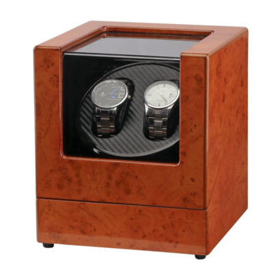 Burl Wood & Carbon Fiber Watch Winder for 2 Watches, elegantly designed to keep your timepieces wound and ready. Ideal for watch enthusiasts seeking style and functionality