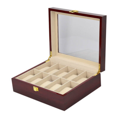 Elegant wood watch box designed to hold up to 10 watches. Features a clear glass lid and soft interior lining for optimal protection and display of your timepieces