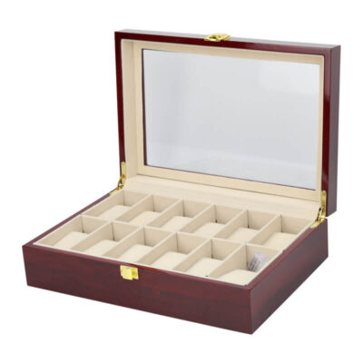 Elegant wood watch box for 12 watches, featuring a clear lid and plush interior. Perfect for organizing and displaying your watch collection. Ideal for watch enthusiasts