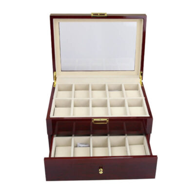 Elegant wood watch box with a drawer, designed to hold up to 20 watches. Perfect for organizing and displaying your watch collection. Ideal for watch enthusiasts and collectors