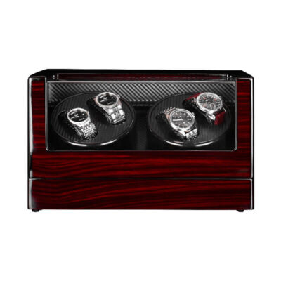 Wood watch winder with a carbon fiber interior, designed to hold and display up to 4 watches. Perfect for watch enthusiasts seeking luxury and functionality