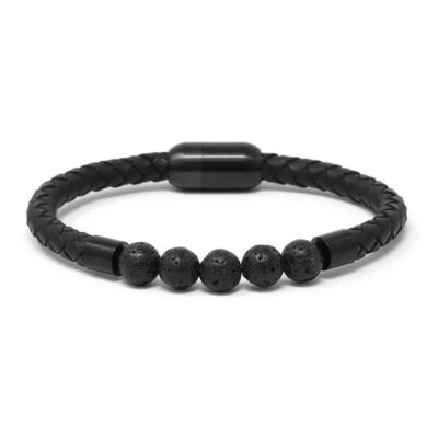 Lava Stone Leather Bracelet from Ele Straps, featuring a braided leather design and lava stone beads. Available in sizes XS to XL, perfect for any wrist