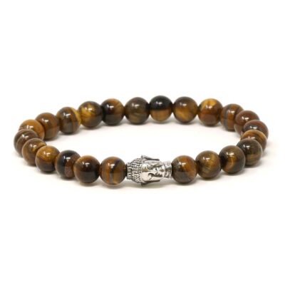 Brown Tiger's Eye Bracelet featuring polished beads in rich brown tones and a decorative silver Buddha charm. Available in sizes S, M, and L for a perfect fit