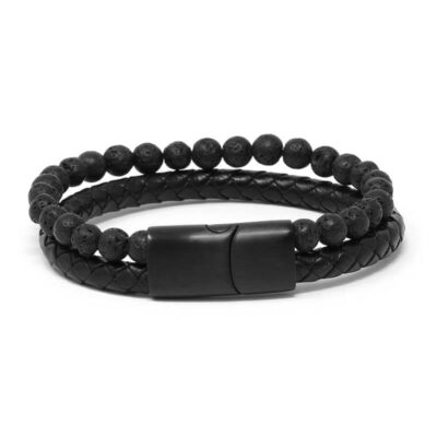 Lava Stone & Bolo Leather Bracelet from Ele Straps, available in sizes XS to XL. A stylish accessory combining natural lava stones and braided leather for a unique look