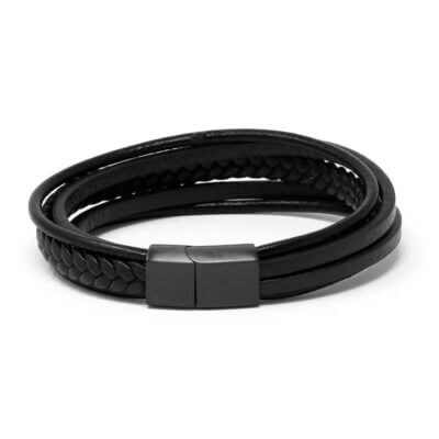 Stylish Stacked Leather Bracelet in black, featuring multiple strands for a layered look. Available in sizes XS, S, M, L, and XL, perfect for any wrist