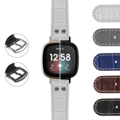 DASSARI Croc Embossed Leather Pilot Strap with rivets for Fitbit Sense, featuring a stylish design in multiple colors, perfect for adding elegance to your smartwatch