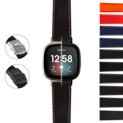 Stitched Rubber Strap with Clasp for Fitbit Sense, featuring a sleek black design with vibrant stitching. Ideal for style and comfort, perfect for daily wear