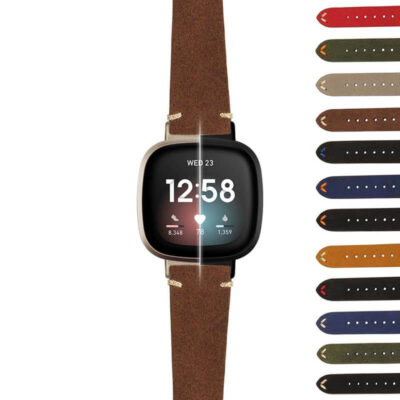 Suede Artisan Strap for Fitbit Versa 3 displayed on a watch, showcasing its stylish brown design alongside various color options. Perfect for enhancing your smartwatch