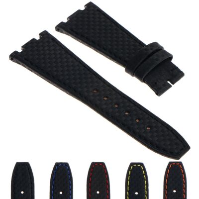 DASSARI Carbon Fiber Strap designed for Audemars Piguet Royal Oak Offshore. Available in sizes 27mm and 28mm, featuring a sleek black finish and stylish stitching options