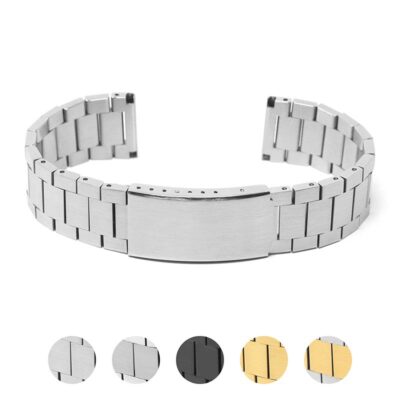 Stylish Flat Link Bracelet made of durable metal, available in sizes 18mm to 22mm. Features a sleek design with options for silver, black, and gold finishes. Perfect for any watch