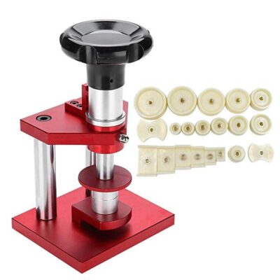 Professional Watch Case Press Tool in red, featuring a sturdy base and various interchangeable dies for watch repair. Ideal for watch enthusiasts and professionals