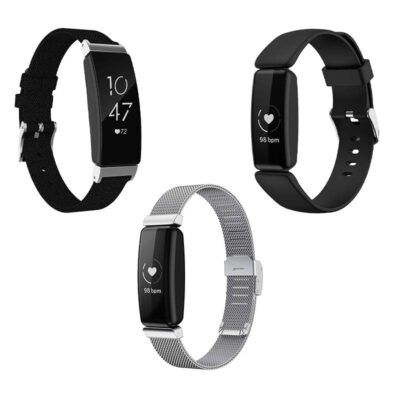 Men's Strap Bundle for Fitbit Inspire 2 featuring three stylish options: a sleek black silicone strap, a classic black band, and a modern silver mesh strap for versatile wear