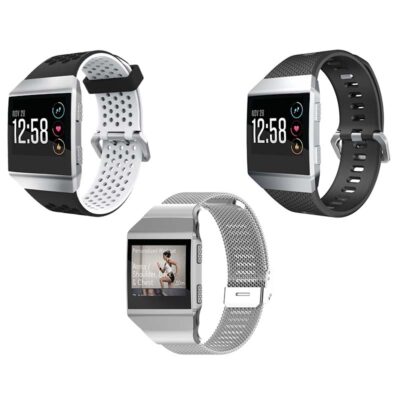 Men's Strap Bundle for Fitbit Ionic featuring three stylish watch bands: a breathable silicone strap, a sleek metal mesh band, and a durable rubber band for versatile looks