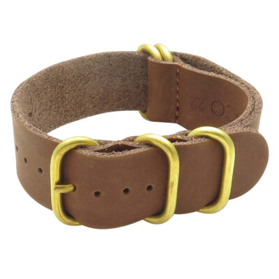 Stylish leather one-piece watch strap featuring bronze rings, available in sizes 18mm to 26mm. Perfect for adding a touch of elegance to any watch