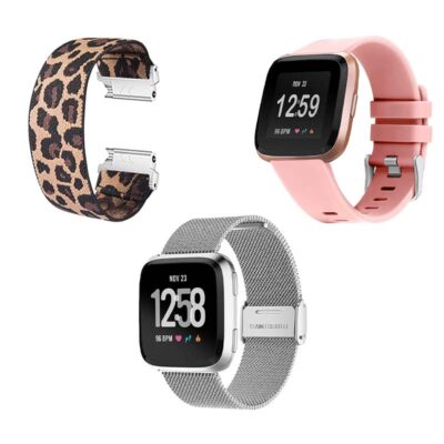 Stylish Women's Strap Bundle for Fitbit Versa & Versa 2 featuring a chic leopard print band, a soft pink silicone strap, and a sleek silver mesh band for versatile looks