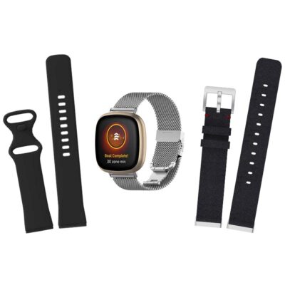 Men's Strap Bundle #2 for Fitbit Sense includes durable black silicone and stylish stainless steel mesh straps. Perfect for customizing your smartwatch for any occasion