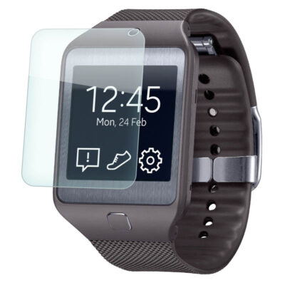 Screen protector for Samsung Gear 2 Neo displayed on a smartwatch, showcasing its sleek design and clarity, perfect for protecting your device's screen from scratches and damage