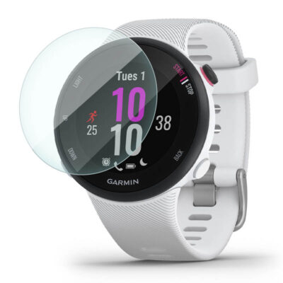 Screen protector designed for Garmin Forerunner 45S, showcasing a clear film overlay on a stylish white watch, ensuring protection from scratches and damage