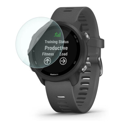 Screen protector for Garmin Forerunner 245, showcasing a clear shield over the watch face. Protects against scratches while maintaining visibility of fitness stats and notifications