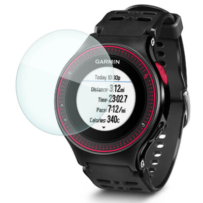 Screen protector designed for the Garmin Forerunner 225, showcasing its fit and clarity. Protects the watch face from scratches and damage while maintaining visibility