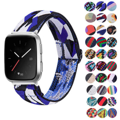 Colorful graphic stretch band designed for Fitbit Versa and Versa 2. Features a vibrant pattern for a stylish look and comfortable fit, perfect for everyday wear