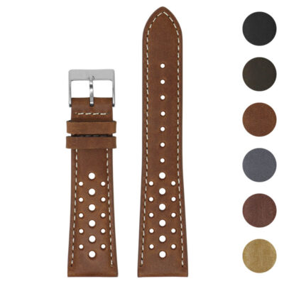 Distressed Rally Strap by DASSARI features genuine leather with perforated design for breathability. Available in sizes 18mm to 22mm, perfect for enhancing your watch style