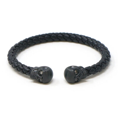 Stylish Leather Braided Black Skull Bracelet available in sizes S, M, L, and XL. Perfect for adding a bold touch to your accessory collection. Shop now at Ele Straps!