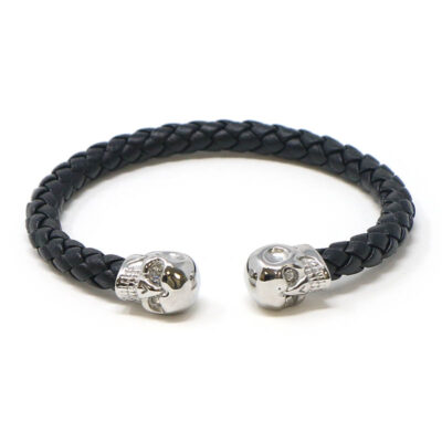 Stylish Leather Braided Silver Skull Bracelet available in sizes S, M, L, and XL. Perfect for adding a bold touch to your accessory collection. Shop now at Ele Straps!