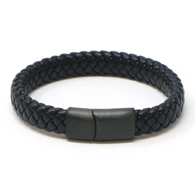 Wide plaited leather bracelet featuring a sleek matte black clasp. Available in sizes S, M, L, and XL. Perfect for adding style to any outfit. Shop now at Ele Straps!