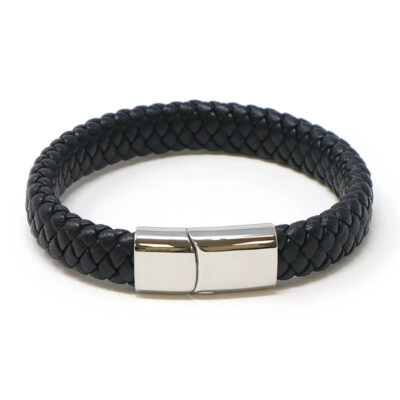 Wide Plaited Leather Bracelet with Silver Clasp, available in sizes L, M, S, XL. A stylish accessory for any occasion, perfect for enhancing your watch or wearing solo