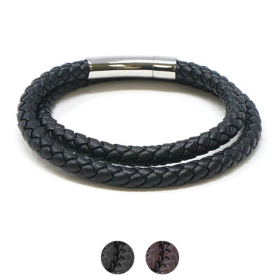 Bolo Wrap Bracelet featuring a sleek silver clasp, crafted from braided black leather. Available in sizes S, M, L, and XL for a perfect fit