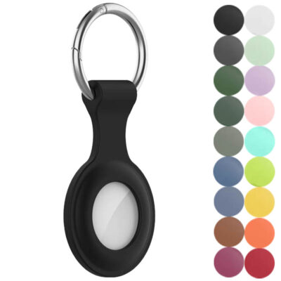 A sleek black keychain designed for Apple AirTag, featuring a secure holder and a durable metal ring. Available in various colors for a personalized touch