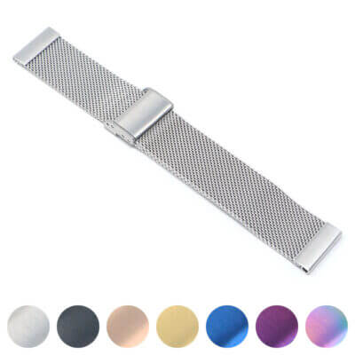 A silver mesh watch band with a sleek design, featuring a clasp closure. Below, a selection of color swatches including black, gold, blue, and purple