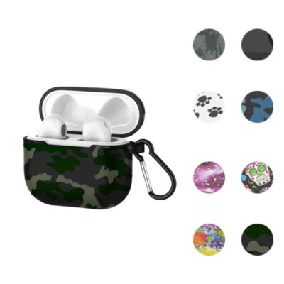 Stylish Pattern Case Cover for Apple AirPods 3 featuring a sleek camouflage design. Includes a carabiner for easy attachment. Available in various fun patterns