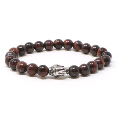 A stylish Red Tiger's Eye Bracelet featuring polished beads and a decorative Buddha charm. Available in sizes L, M, and S for a perfect fit