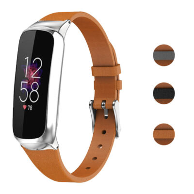 Minimalist Leather Strap for Fitbit Luxe in tan color, showcasing a sleek design and premium quality. Perfect for upgrading your Fitbit style with elegance and comfort