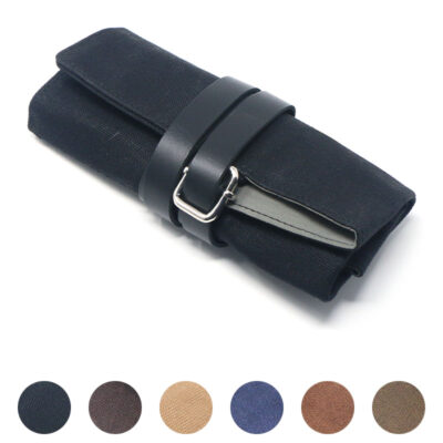 Stylish Waxed Canvas Watch Roll for 4 Watches, perfect for travel. Durable and sleek design, available in multiple colors. Keep your watch bands organized with Ele Straps